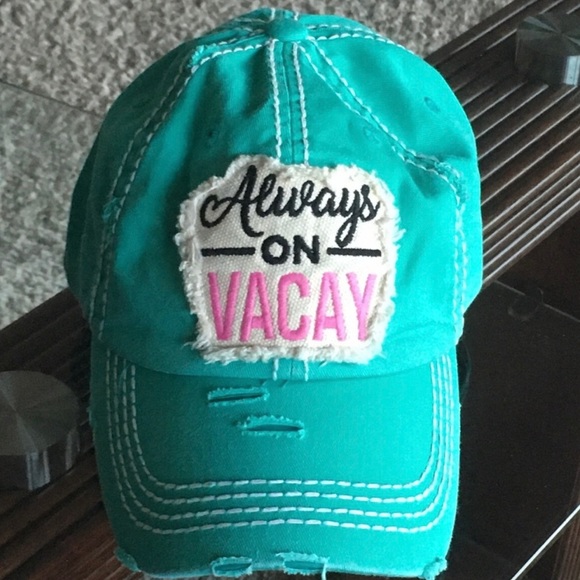 Cutest NWOT Kbethos Always on Vacay Turquoise Green Distressed Baseball Cap - Picture 8 of 8